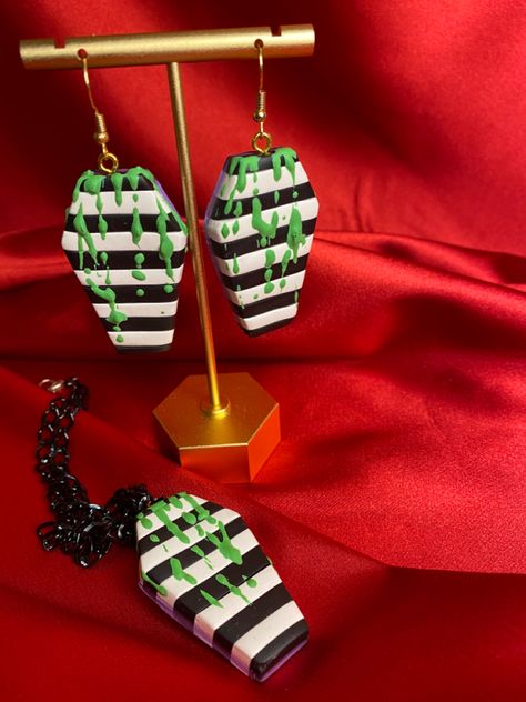 Earrings, handmade , polymer clay, new , dangle , theme , beetle juice , theme , funky , creative Beetlejuice Earrings Diy, Polymer Clay Beetlejuice, Beetlejuice Jewelry Diy, Beetlejuice Clay Earrings, Beetlejuice Jewelry, Beetlejuice Coffin, Beetlejuice Earrings, Beetlejuice Diy, Avatar Accessories