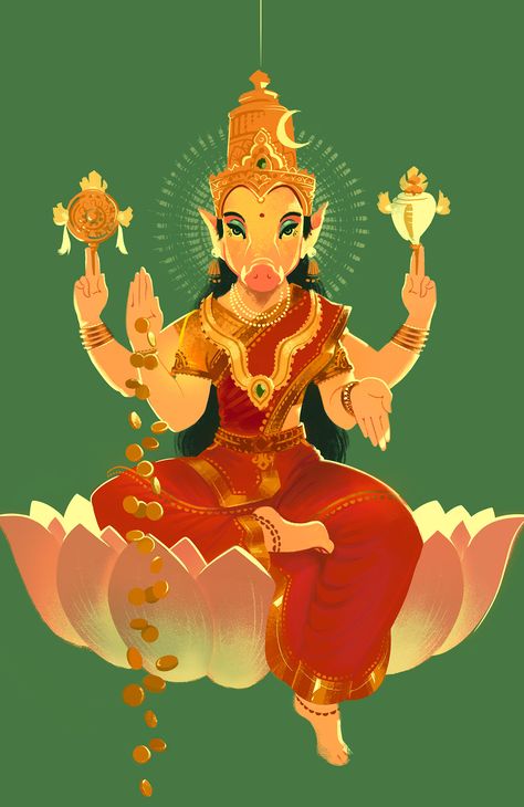 Goddess Varahi on Behance Lakshmi Goddess Painting, Indian God Illustration, Indian Goddess Illustration, Varahi Amman Images, Lakshmi Illustration, Indian Goddess Art, Durga Illustration, Goddess Varahi, Goddess Illustration