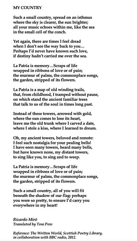 Ricardo Miró, My Country💞🌍🌎🌏💞Translated by Tom Pow, Reference: The Written World, Scottish Poetry Library, in collaboration with BBC radio, 2012. If you think copyright is broken in any of these pins, please get in touch and it will either be removed or a citation will be added as required. Thanks for reading. Birds In The Sky, Poetry Reading, The Way Back, Bbc Radio, Reading List, Your Music, Reading Lists, Love Songs, The Sky