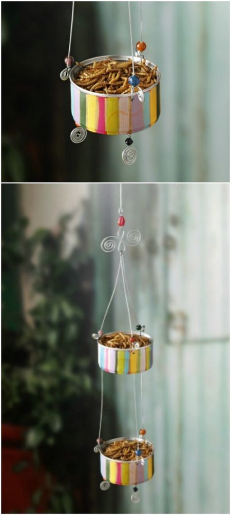 Colorful Bird Feeder - 20 Frugally Genius Ways To Upcycle Empty Tuna Cans Bird Feeders Diy, Tuna Cans, Recycle Cans, Tin Can Crafts, Diy Bird Feeder, Diy Birds, Bird Houses Diy, Upcycle Recycle, Backyard For Kids