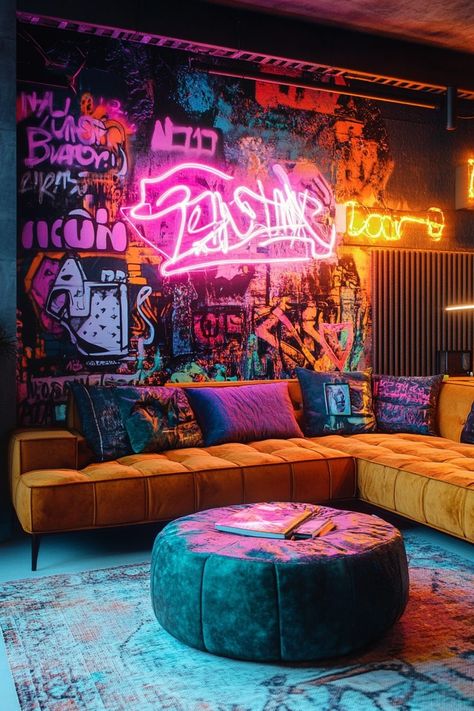 Cyberpunk Aesthetic Room Decor, Unique Bar Ideas For Home, Cyberpunk Game Room, Cyberpunk Diy Decor, Funky Interior Design Eclectic, Space Themed Restaurant, Cyberpunk Set Design, Cool Diy Decor, Cyberpunk Home Decor