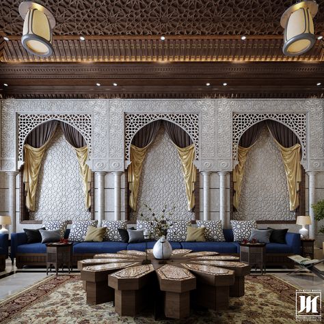 Interior design | Arab council in Moroccan style which is an idea for the living room. Islamic Majlis, False Ceiling Design For Hall, Ceiling Design For Hall, Modern Arabic Interior, Simple False Ceiling, Arabic Interior, Arabic Living Room, Arabic Interior Design, Arabian Decor