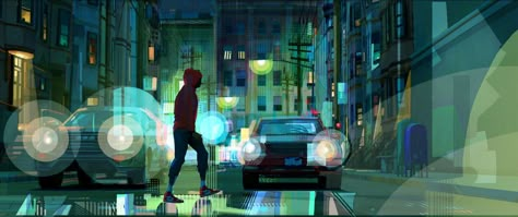 Concept art from Spider-Man: Into the Spider-Verse Spider Man Into The Spider Verse, Marvel Wall, Into The Spider Verse, Concept Art Tutorial, Color Script, Verse Art, Concept Art Character, The Spider, Animation Background