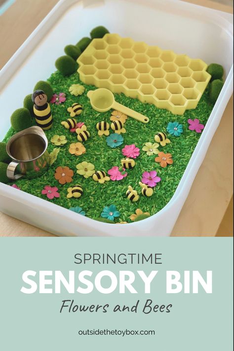 Toddlers are fascinated by bees (even if you do not agree). This springtime sensory bin is easy to create and includes many pieces to keep a toddler or preschooler busy. Add in fine motor skills and bee knowledge and vocabulary and you have a great hands-on way to learn through play. Bumblebee Sensory Bin, Flower Sensory Bin For Toddlers, Honey Bee Sensory Bin, Bee Sensory Table, Spring Sensory Bin Preschool, Flisat Activities, Flower Sensory Bin, Bee Sensory Bin, Spring Sensory Bin