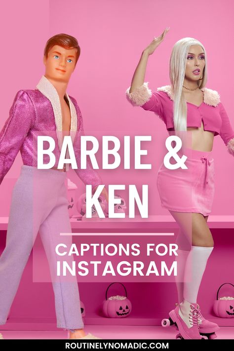 Dressed in pink with words Barbie and Ken Captions for Instagram Funny Barbie Captions, Barbie Movie Quotes Funny, Barbie And Ken Instagram Captions, Ken Quotes Barbie Movie, Barbie Captions Instagram, Barbie Sayings, Barbie Movie Quotes, Ken Quotes, Hoco Campaign