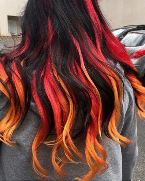 Black Red Orange Yellow Hair, 2 Colour Hair Underneath, Fire Ombre Hair, Orange Ombre Hair, Pinwheel Hair Color, Hair Dyed Underneath, Costume Box, Mommy Hairstyles, Flame Hair