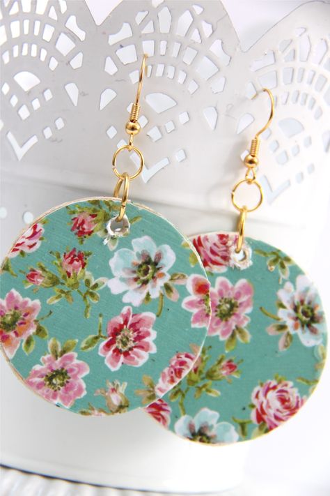 Floral Scrapbook Paper, Paper Earrings, Fabric Earrings, Paper Jewelry, Homemade Jewelry, Wooden Earrings, Diy Schmuck, Fabric Jewelry, Wood Earrings