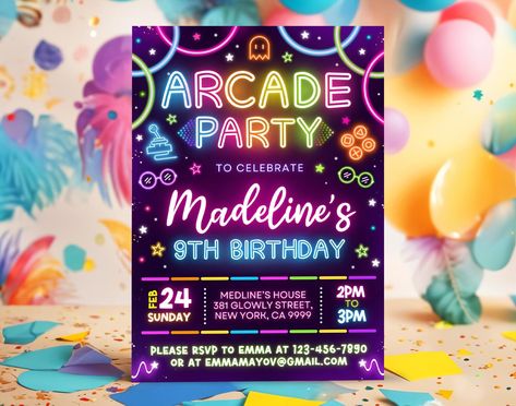 Arcade Birthday, Arcade Party, Game Party, Canva App, Check Your Email, Arcade Game, Digital Invitation, Party Invite, Digital Invitations