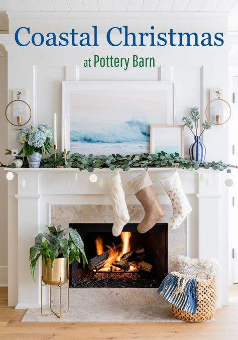 Coastal Christmas Ideas from Pottery Barn Nantucket Christmas Decor, Southern Coastal Christmas Decor, Winter Beach House Decor, Coastal Christmas Mantle Decor, Coastal Grandmother Christmas Decor, Beach House Christmas Decor Outdoor, Beach Christmas Table Decor, Coastal Christmas Porch Decor, Coastal Christmas Living Room