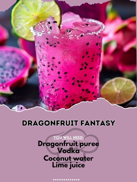 🐉 Immerse in a Dragonfruit Fantasy! 🐉🍹 #DragonfruitFantasy #TropicalDelight Dragonfruit Fantasy Ingredients: Dragonfruit puree (1 oz) Vodka (1 oz) Coconut water (2 oz) Lime juice (1/2 oz) Dragonfruit slice (for garnish) Instructions: Blend dragonfruit puree, vodka, coconut water, and lime juice. Pour into a glass. Garnish with a dragonfruit slice. Taste the fantasy! 🐉🍹✨ #TropicalDrinks #FantasyFlavors #RecipeInspire Fantasy Ingredients, Fantasy Cocktails, Fantasy Drinks, Hobbit Recipes, Wedding Drink Ideas, Summer Blended Drinks, Hey Bartender, Glass Garnish, Pretty Alcoholic Drinks