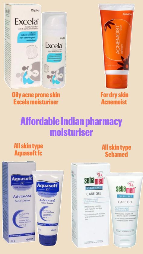 Sebamed Moisture: Clean, clinical packaging in blue/white. Episoft Moisture: Pharmaceutical vibe, green/white, clear labeling. Excela Moisture: Sleek, modern, elegant, metallic accents. Acnemoist Moisture: Bold, youthful, blue/green, clear labeling, lightweight for acne-prone skin. Indian Skin Care Routine, Indian Skincare Routine, Indian Pharmacy Skincare, Pharmacy Skincare, Indian Skincare, Combination Skin Care Routine, Pharmacy Products, Selfcare Skincare, Skincare For Oily Skin