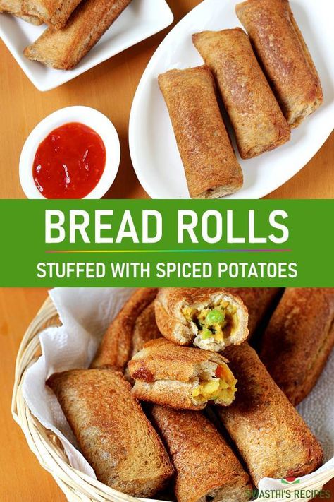 Spiced potato stuffed bread rolls! These are a popular street food snack from India. The recipe includes baked and fried options. #snack #vegan #breadrolls Bread Rolls Recipe Stuffed, Bread Rolls Recipe Indian, Bread Recipes Indian, Eid Snacks, Stuffed Bread Rolls, Chat Food, Bread Roll Recipe, Snacks Vegetarian, Vegetarian Sandwiches