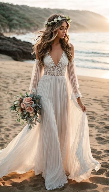 15 Beach Wedding Dresses For Every Type of Bride: The Best 2024 Ideas Colored Boho Wedding Dress, Simple Beach Wedding Dress Boho Hippie, Beach Bride Dress Boho, Hawaii Wedding Dress Beach Simple, Beach Wedding Bridal Dress, Tropical Island Wedding Dress, Wedding Dress Tropical Brides, Boho Outdoor Wedding Dress, Wedding Dresses Tropical