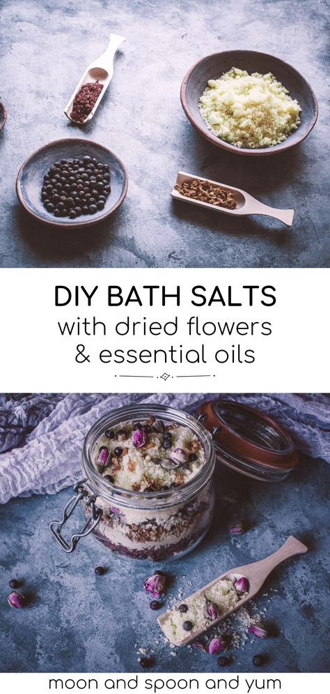 How to Make DIY Bath Salts with Dried Flowers & Essential Oils - Made with Epsom salt, dried juniper berries, rose petals, and essential oils, this easy DIY herbal bath salts recipe is one I enjoy during my full moon bath rituals for self-care. Herbal bath products are simple to make and are great homemade herbal Christmas gifts during the holidays! Bath Salt Witchcraft, Diy Bath Salts With Essential Oils Recipes, Herbal Bath Salts Recipe, Diy Bath Oil Recipes, Full Moon Bath Salts Recipe, Witchy Diy Gifts, How To Make Bath Salts, Diy Herbal Bath Salts, Epsom Salt Bath Recipe