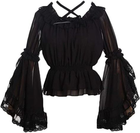 Amazon.com: Elegant Chiffon Flare Sleeve Blouse Cross Neck Frilly Lolita Bottoming Shirt Tops for Girls (Black): Clothing, Shoes & Jewelry Summer Chiffon Blouse, Gothic Victorian Dresses, Frilly Top, October Fashion, Chiffon Shirt Blouse, Cross Neck, Autumn 2022, Lace Dress Long, Black Clothing