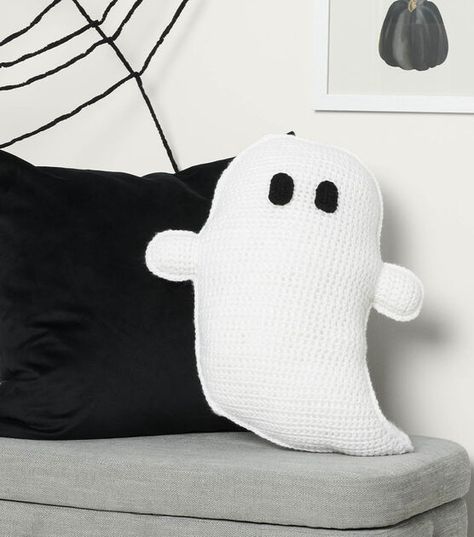 How To Make Caron One Pound Crochet Ghost Pillow Online | JOANN Crochet Bat Pillow Pattern, Autumn Crochet Pillow, Fall Pillow Crochet, Large Crochet Ghost Pattern Free, Ghost Pillow Crochet, Crochet Fall Pillow Free Pattern, Crochet Halloween Pillow Patterns Free, Fall Crochet Pillow Patterns Free, Ghost Pillow Crochet Pattern