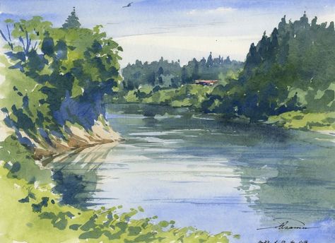 Water Reflection Watercolor, Hillside Homes, River Watercolor, Village Photos, Water Reflection, River Painting, River Water, Water Reflections, Watercolor Inspiration