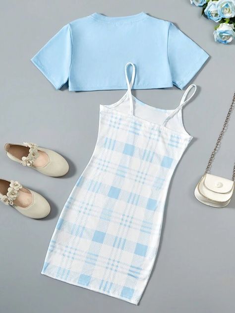 SHEIN Tween Girl Summer Solid Color Round Neck Short Sleeve High Low Hem Top And Plaid Strap Dress Casual 2pcs Outfit | SHEIN USA Cute Outfits 11-12, Cute Summer Outfits For Girls 9-10, Cute Outfits For Girls 9-10 Kids Clothes, Strap Dress Casual, Cute Things To Wear, Outfit Shein, Girls Short Dresses, Kids Summer Fashion