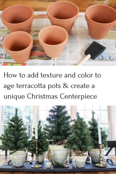 How to Age Terracotta Pots For A Unique Christmas Centerpiece - Life on Kaydeross Creek Clay Pot Christmas Tree, Farmhouse Christmas Centerpiece Ideas, Aged Terracotta, Winter Pots, Gingerbread Kitchen, Mini Christmas Trees, Budget Friendly Diy, Christmas Pots, Christmas Heart