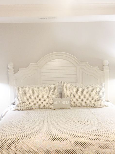 How To Decorate The Wall Space Above Your Arched Headboard | The Lettered Cottage Decor Above Headboard, Above Headboard Decor, Cottage Community, Zen Bathroom Decor, The Lettered Cottage, Lettered Cottage, Purple Room Decor, Wall Signage, Arched Headboard