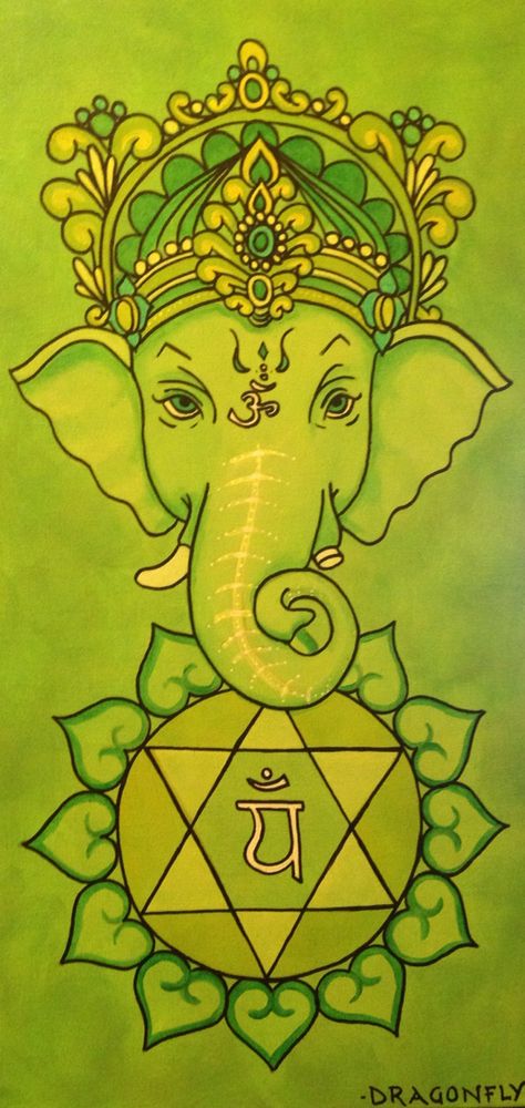 Ganesha tribute chakra paintings. I did one a day for 7 days. This is painting #4 of 7- Anahata.  The heart chakra which can be represented by either the colour green or pink. Chakra Paintings, Chakra Wallpaper, Knee Yoga, Acrylic Painting Images, Art On Wall, Chakra Painting, Ganesh Tattoo, Green Chakra, The Colour Green