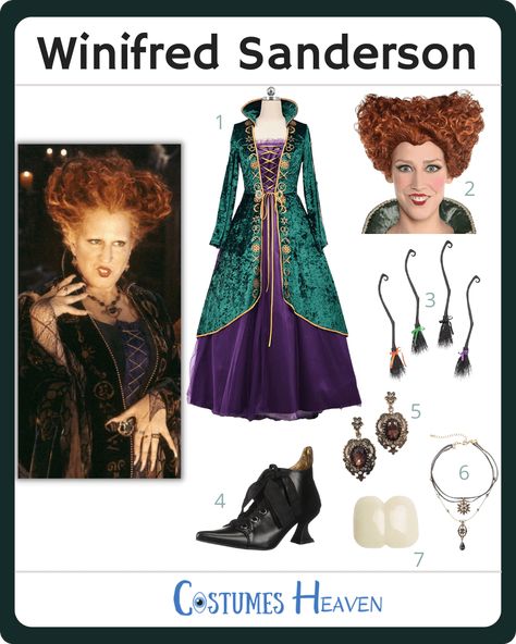 DIY Winifred Sanderson Costume 2024 | Cosplay And Halloween Ideas Sanderson Sisters Costumes Diy, Winifred Sanderson Wig, Winifred Sanderson Costume, Sanderson Sisters Costumes, Tooth Cap, Disney Villain Party, Hocus Pocus Costume, Villains Party, Winifred Sanderson