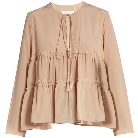 Chloé Tie-neck tiered blouse (4,940 ILS) ❤ liked on Polyvore featuring tops, blouses, light pink, loose fitting tops, flutter-sleeve top, neck-tie, beaded top and flounce tops Long Blouse Outfit, Hijab Stile, Áo Blu, Light Pink Blouses, Frilly Blouse, Tiered Blouse, Beige Blouse, Beaded Blouse, Korean Casual