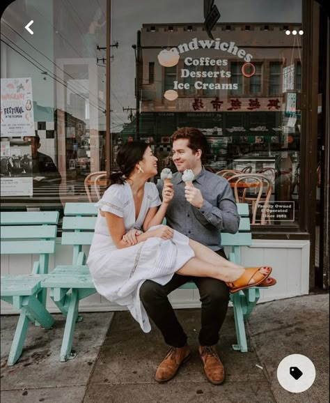 Couple Ice Cream Photography, Engagement Ice Cream Photos, Couple Ice Cream Pictures, Gold Engagement Photos, Couple Eating Ice Cream Aesthetic, Ice Cream Shop Photo Shoot Couple, Milkshake Engagement Pictures, Engagement Photos With Ice Cream, Engagement Photos Ice Cream Shop