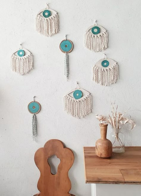 Clay Macrame, Evil Eye Wall Art, Remodel Checklist, Eye Wall Art, Wall Art Ceramic, Hanging Boho Decor, Wall Hanging Living Room, Eye Decor, Bedroom Wall Hangings