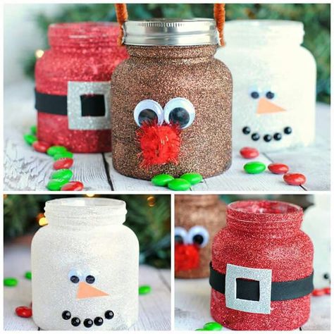 Baby food jars reindeer, santa, snowman. Directions and idea on iheartnaptime Baby Jar Crafts, ขวดโหล Mason Jar, Christmas Treats Jars, Baby Jars, Baby Food Jar Crafts, Glitter Jars, Food Jars, Baby Food Jars, Christmas Mason Jars