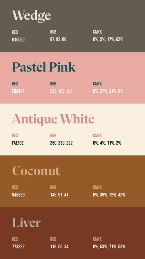 Colors:
615C50
E8A9A1
FAEFDE
945B29
773822 Canva Color Palette Codes Terracotta, Two Color Palette, Types Of Brown, Html Color Codes, Rgb Color Codes, Calm Color Palette, Color Design Inspiration, Color Palette Challenge, Hex Color Palette