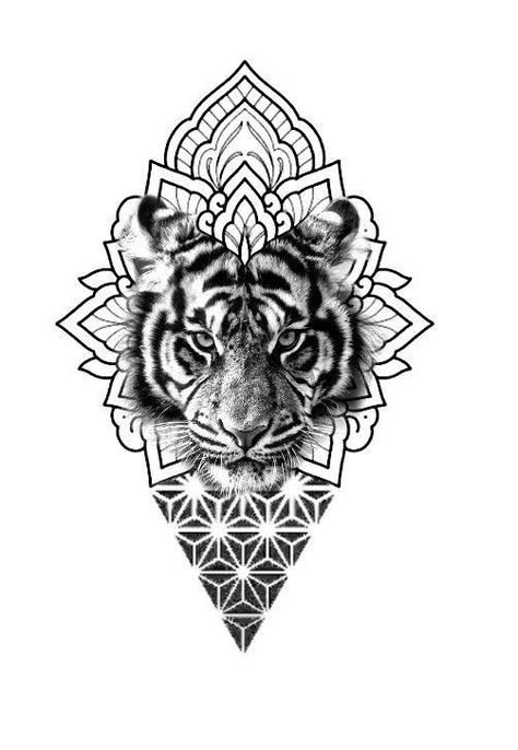 Animal Mandala Tattoo, Black And White Flower Tattoo, Thigh Tattoo Men, Geometric Tattoo Sleeve Designs, Lion Art Tattoo, Big Cat Tattoo, Persian Tattoo, Geometric Mandala Tattoo, Lion Tattoo Sleeves