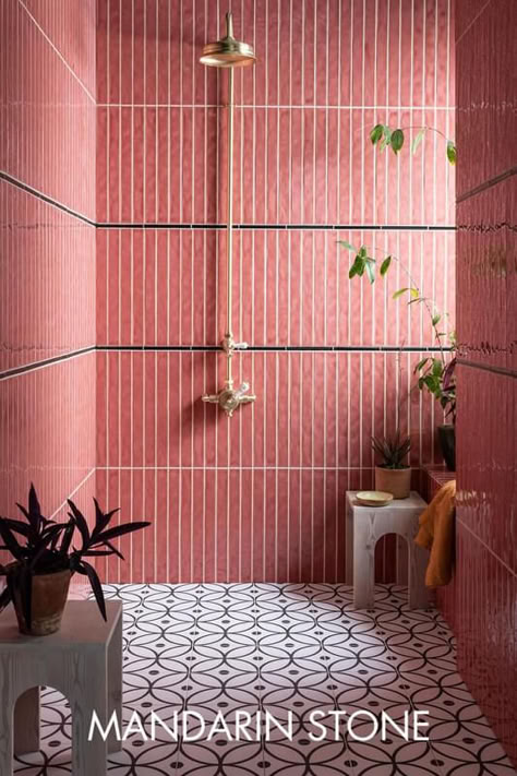 Inject fun into your interior with our intruiging new pink tiles. Offering a tight pattern with pink tones, these decorative tiles are ideal for creating a modern, fun aesthetic. Shop the Mandarin Stone collection online Tile pictured: Loki Pink Gloss Ceramic and Chaplin Spiro Porcelain Mandarin Stone, Bathroom Design Trends, Cape House, Pink Tiles, Tile Trends, Brick Tiles, Tile Inspiration, Pink Bathroom, Green Tile