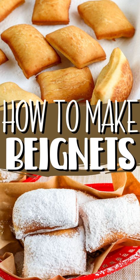 homemade beignets with and without powdered sugar Benigets New Orleans Easy, Mardi Gras Beignets, French Beniegts, Binet Recipe New Orleans, Begniets Recipes, Beignet Recipe Easy, Beneights Recipe, Benyas Recipe, French Beignets Recipe