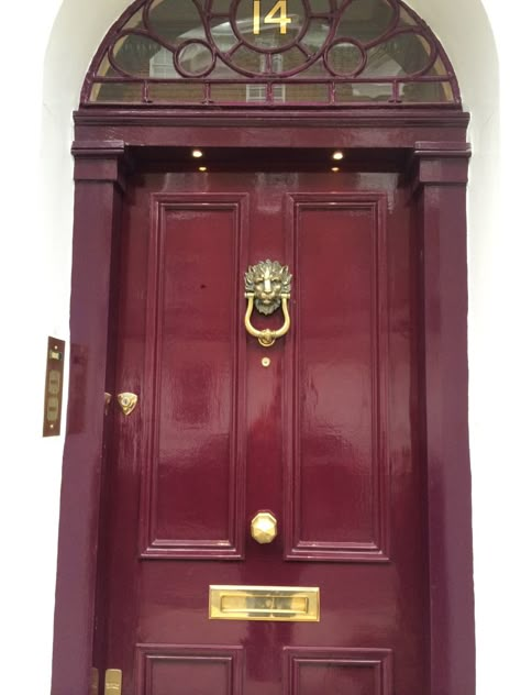 Maroon Front door - With lions head knocker Burgundy Door Exterior, Dark Red Front Door, Burgundy Front Door With Storm Door, Maroon Front Door, Magenta Front Door, Maroon Front Door Burgundy, Cherry Red Front Door, Burgundy Front Door, Dark Red Door