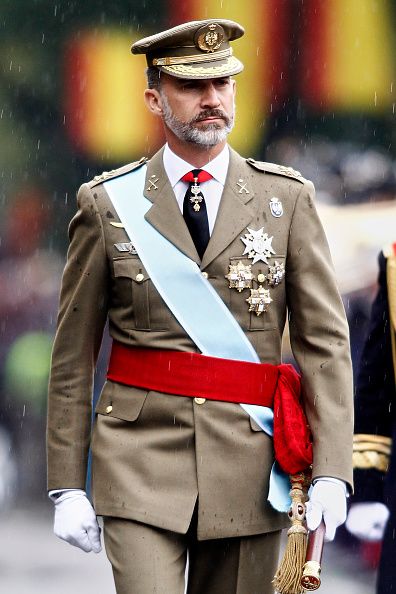 King Felipe VI of Spain attend the National Day military parade on October 12, 2016 in Madrid, Spain. Bronze Gown, Royal Family Portrait, Spanish King, State Dinner, Bronze Dress, King Felipe Of Spain, Queen Mathilde Of Belgium, Spain Photos, Grey Suits