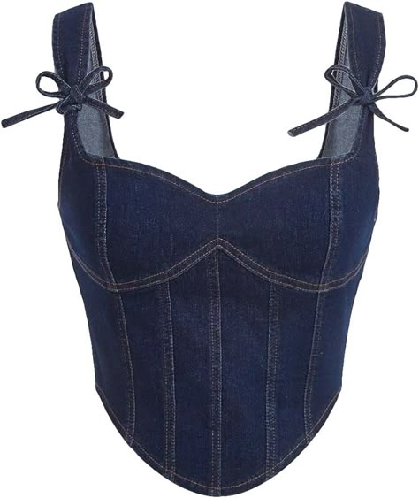 Amazon.com: BEAUDRM Women's Sleeveless Asymmetrical Hem Denim Tank Top Bow Front Lace Up Back Slim Fit Crop Top Dark Wash Small : Clothing, Shoes & Jewelry Dark Blue Tank Top Outfit, Denim With Lace, Denim Crop Top Outfit, Maki Aesthetic, Corset Top And Jeans, Crop Top Jeans, Corsets Tops, Bow Tank Top, Denim Bows