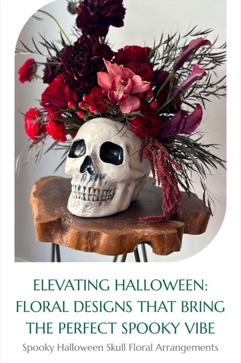 Discover how to elevate you Halloween decor with stunning florals in our latest blog post! This white skull centerpiece, beautifully filled with rich burgundy and red blooms, offers a perfect blend of spooky and sophisticated. Halloween celebrations, from elegant arrangements to dramatic accents that make a statement. #HalloweenPin24 #HalloweenDecor #SpookySeason #HalloweenFlowers #FloralDesign #SkullCenterpiece #BurgundyFlorals #Halloween #AutumnDecor #FlowersbyMelis Skull Centerpiece, Sophisticated Halloween, Halloween Floral Arrangements, Diy Floral Arrangements, Boho Halloween, Halloween Floral, Fall Flower Arrangements, Modern Halloween, Halloween Flowers