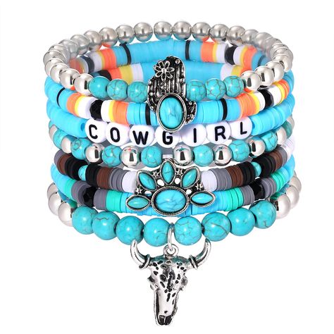 Cowgirl Beaded Bracelets, Beaded Western Bracelets, Popular Beaded Bracelets, Turquoise Beaded Jewelry, Western Bracelet Ideas, Western Clay Bead Bracelet Ideas, Western Beaded Bracelets, Bracelet Patterns Clay Beads, Country Bracelets