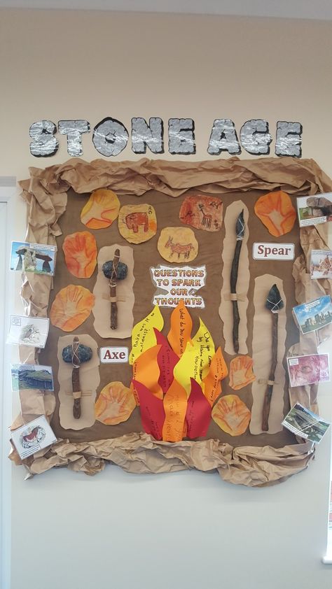 Stone Age School Display, Stone Age Display Classroom, Stone Age Display Year 3, Early Humans Projects, Stone Age Projects For Kids, Prehistoric Art Projects, Stone Age Project, Early Humans Activities, Stone Age Ks2