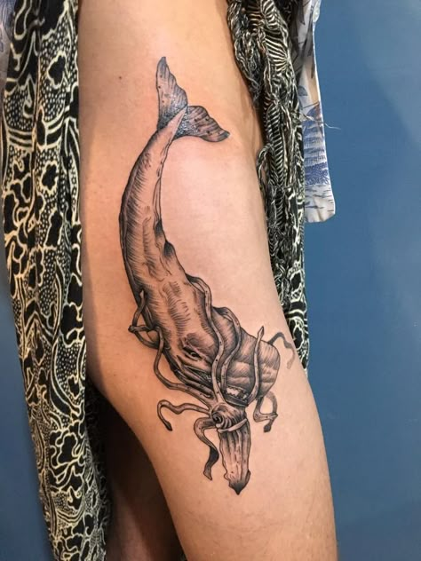 Whale And Squid Tattoo, Squid And Whale Tattoo, Giant Squid Tattoo, Sperm Whale Tattoo, Whale Tattoo, Ocean Animal Tattoos, Ocean Theme Tattoos, Squid Tattoo, Marine Tattoo