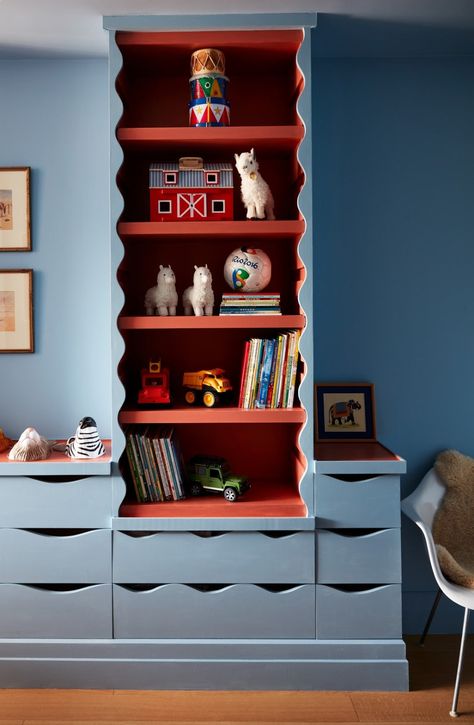 Children's Room in NY Loft by Studio Giancarlo Valle on 1stdibs Bookcase Divider Living Room, Lulworth Blue Farrow And Ball, Farrow And Ball Lulworth Blue, Blue Armoire, Paint Shelves, Lulworth Blue, Room With Bookshelves, Restoration Hardware Sofa, Giancarlo Valle