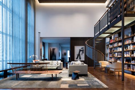 Residence for Two Collectors is an art-filled Chicago penthouse Double Height Space, Chicago Penthouse, Photography Home Office, Red Cabinets, Sliding Wood Doors, Walnut Floors, Double Height, Penthouse Apartment, Chic Interior