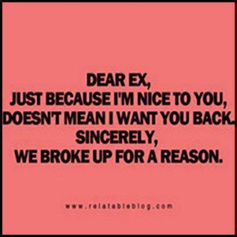 Quote - Dear ex, Just because I'm nice to you doesn't mean I want you back. Sincerely, We Broke Up For A Reason Still Waiting For You, Ex Quotes, Ending A Relationship, Want You Back, Getting Him Back, Funny Jokes For Adults, I Can Tell, Just Because, I Want You