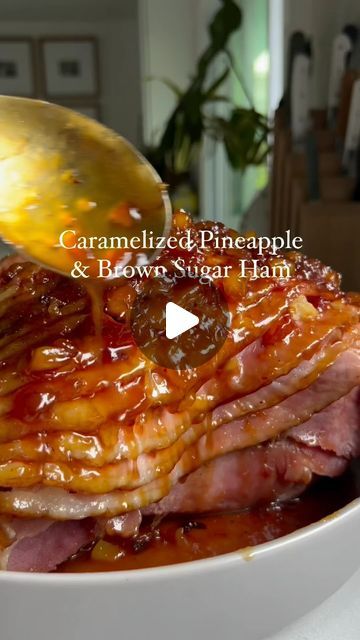 Great Recipes on Instagram: "Caramelized Pineapple and Honey Glazed Ham
Credit 🎥 @grilledcheesesocial 

⭐️ 6-10lb spiral cut bone-in cooked ham 
⭐️ 2 tbsp dijon mustard
⭐️ 20 oz crushed pineapple
⭐️ 2 cups brown sugar
⭐️ 1 tsp cinnamon

1️⃣ Preheat your oven to 300F degrees.
2️⃣ Place half of the pineapple, sugar, and cinnamon in the bottom of a Dutch oven and stir to combine.
3️⃣ Add the ham and smear the outside with the dijon mustard. Add the rest of the pineapple, working it in-between the slices. Then top with the rest of the brown sugar and cinnamon and pack it on. 
4️⃣ Cover with the lid then place in the oven for 2 hours. 
5️⃣ Remove from the oven and carefully place the ham on a serving platter. Place the dutch oven and the remaining liquid on your stovetop and turn the heat to m Spiral Ham Recipes Oven, Ham Recipes In Oven, Bone In Cooked Ham Recipes Ovens, Glaze For Small Ham, How To Season A Ham, How To Cook A Spiral Ham In The Oven, Bake Ham Recipes Oven, Thanksgiving Ham Glaze, Cooking A Ham In The Oven