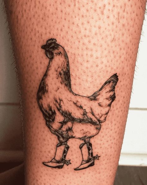 Chicken Print Tattoo, Farm Animals Tattoo Ideas, Chicken With Cowboy Hat Tattoo, Watercolor Chicken Tattoo, Cowboy Chicken Tattoo, Chicken Foot Tattoo, Chicken Tattoo Design, Chicken Tattoo Ideas, Chicken Outline