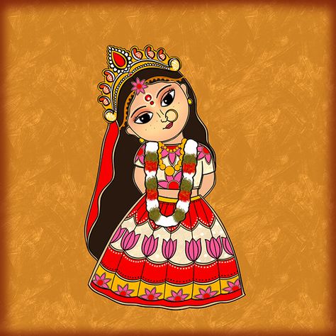 Cute Durga Maa Drawing, Durga Puja Drawing For Kids, Navratri Painting Ideas, Durga Drawing Art, Durga Sketch, Maa Durga Painting, Painting Indian Art, Durga Pooja, Painting Indian