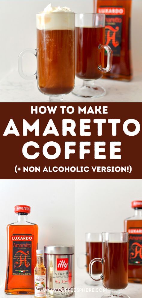 How to make an amaretto coffee - alcoholic and non alcoholic versions! Amaretto Coffee Drinks, Coffee Desserts Easy, Cafe Food Recipes, Amaretto Coffee, Easy Espresso, Easy Coffee Drinks Recipes, Coffee Shop Recipes, Fall Coffee Recipes, Espresso Dessert