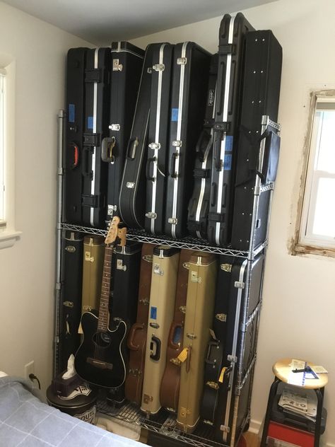 The Guitar Storage Saga Refined Guitar Case Storage, Richard Gear, Guitar Storage, Guitar Room, Discussion Starters, Basement Storage, Guitar Case, Spare Bedroom, Mini House