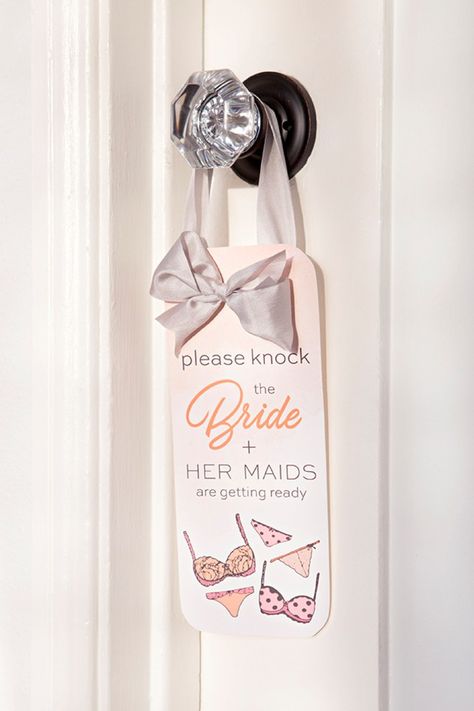 Please knock, the bride and her maids are getting ready! Wedding Day Decorations Getting Ready, Bride Getting Ready Room Decor, Wedding Get Ready Room Decor, Bride Made Of House Hold Items, Bride Suite, Bride Room Decoration, Bride Room Decoration Ideas, Bride Door Decoration Entrance, Bridal Room